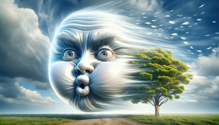 A surreal representation of the wind with a human-like face blowing over a landscape, where a lone tree stands under a dynamic sky...