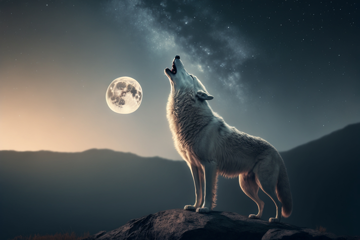 Generative Ai of white wolf howling at the moon.