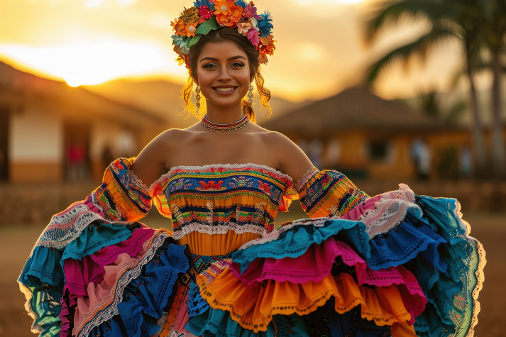 Traditional Nicaraguan Dancer in Iconic Central American Costume at Sunset