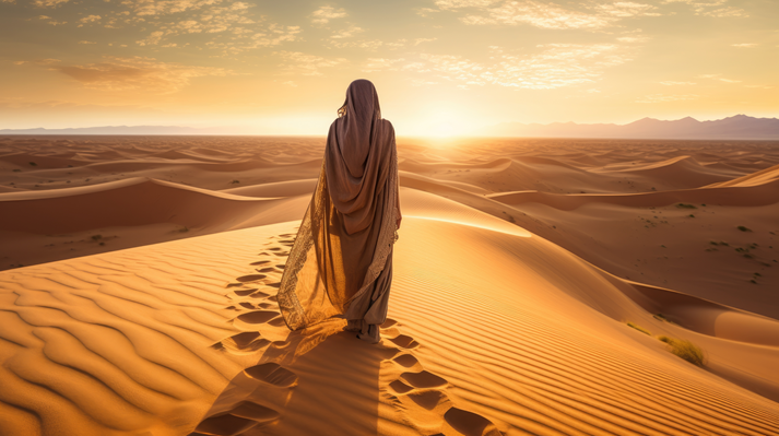 Arabian woman walk in the desert sand dunes at sunset.