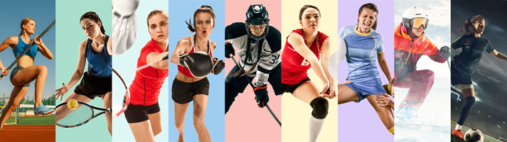 Creative collage made of photos of 9 models. Tennis, pole vault, badminton, hockey, volleyball, football, soccer, snowboarding female players or team