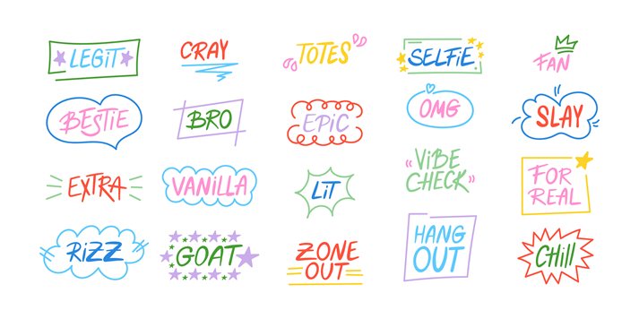 Set of slang words, hand drawn lettering of modern short phrases