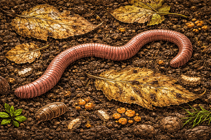 worm in soil with decaying leaves