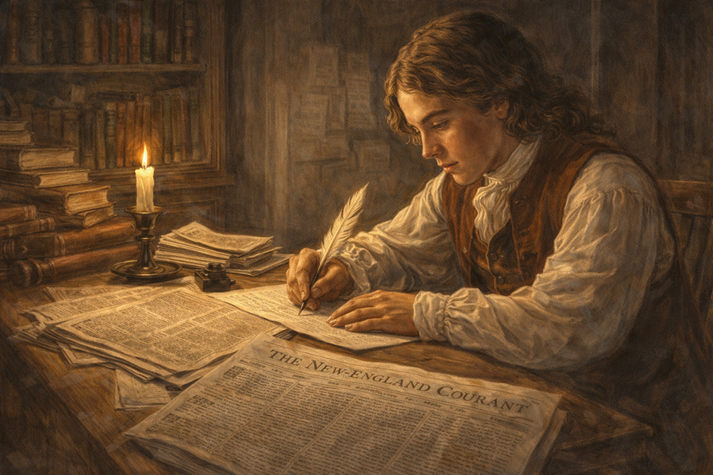 Young Franklin writing by candlelight