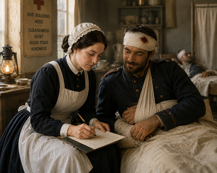 Nurse writing a letter for a soldier