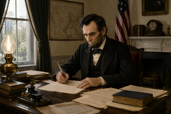 AI-generated image of Lincoln writing at his desk