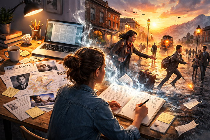 A writer sitting at a desk, looking at real-life notes and photos, while the background transforms into a fully developed scene from their writing (people, setting, and action coming to life around them)