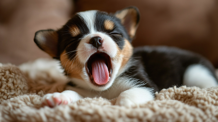 Closeup of cute adorable little puppy dog yawning
