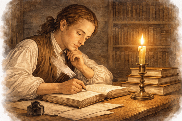 A young Franklin reading by candlelight with books stacked nearby, showing curiosity and self-learning