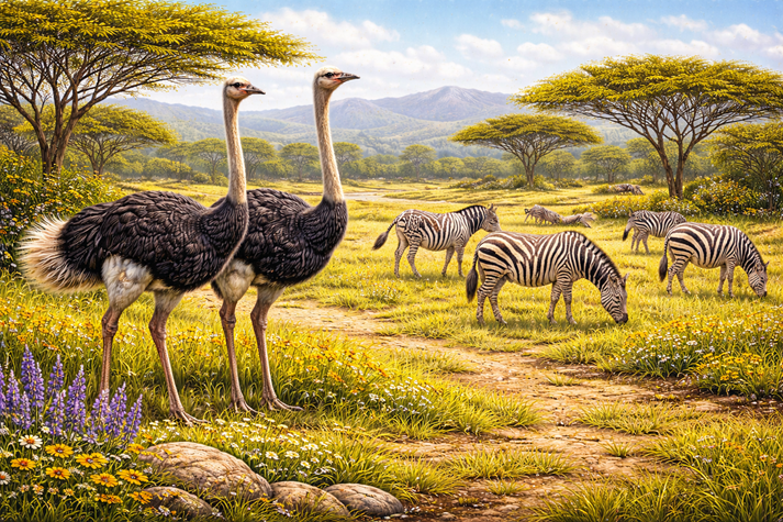 ostriches standing tall while zebras graze nearby on open plains