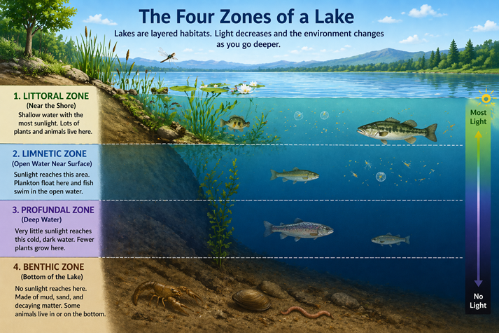 cross-section diagram of a lake showing four labeled zones: littoral, limnetic, profundal, benthic, with plants and animals in each